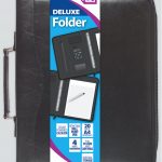 Black briefcase folder with notepad, pen, calculator and storage space