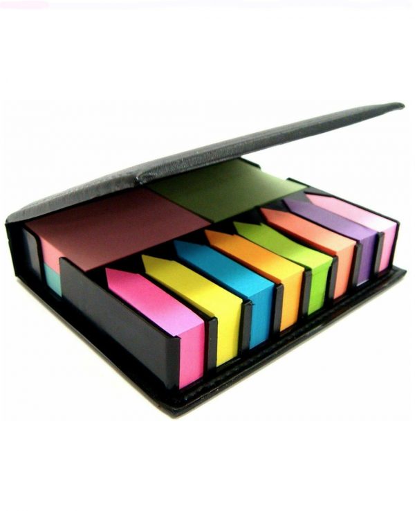 sticky notes and holder with 12 assorted colours including 4 rectangular pads and 8 arrow index