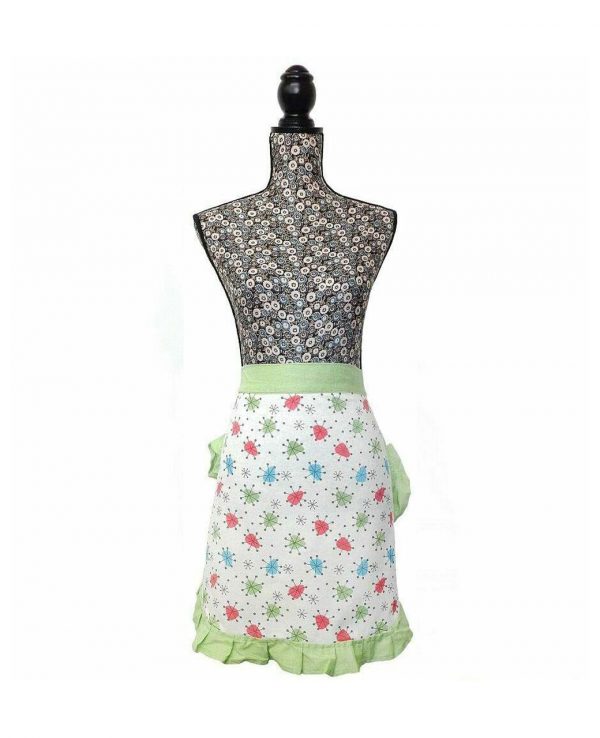 Green Vintage Frilly Waist Apron-1950s housewife apron, pretty vintage apron