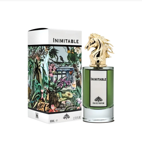 Inimitable Perfume 80ml EDP by Fragrance World. Inimitable Perfume 80ml EDP by Fragrance World. Gold horse head figure cap and green bottle. With the botanical and wildlife hand draw style illustration package