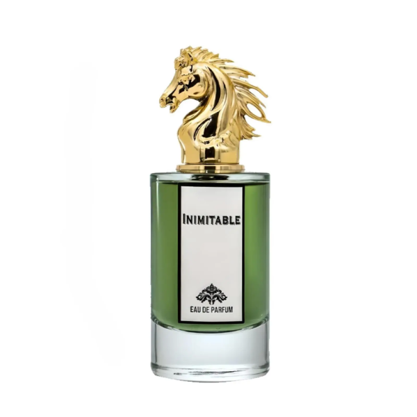 Inimitable Perfume 80ml EDP by Fragrance World. Gold horse head figure cap and green bottle