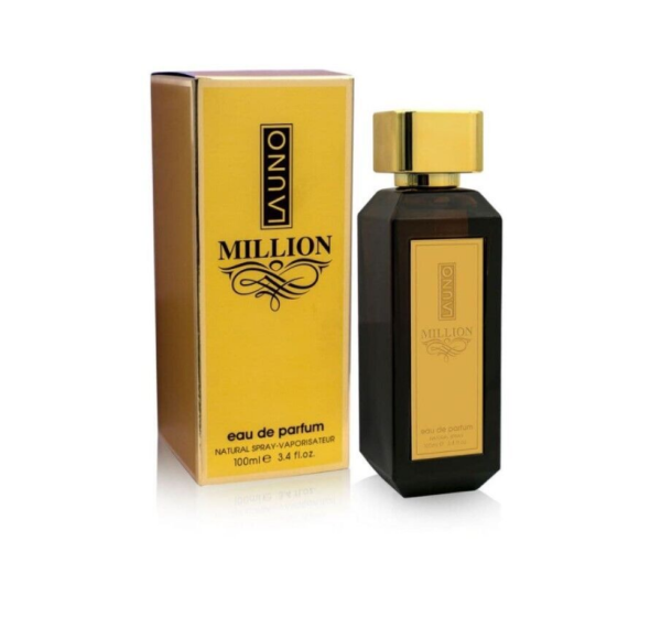 Million Launo 100ml EDP By Fragrance World black and gold bottle, and gold package