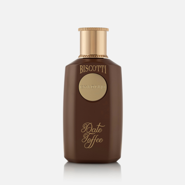 Front view of 'Biscotti Date Pop': A brown and gold Khadlaj perfume for women