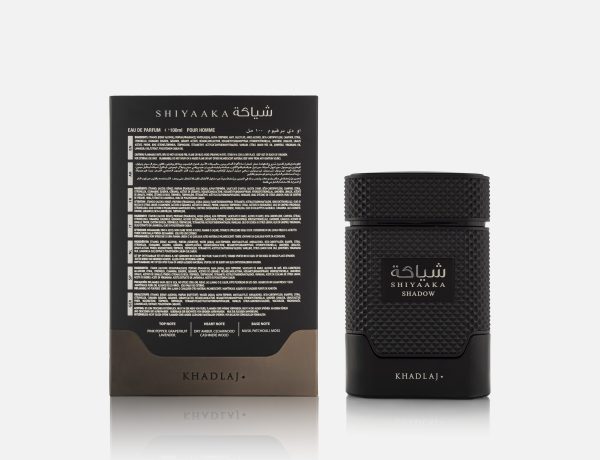 Khadlaj Shiyaaka Shadow- front view of product, back view of packaging showing key information and fragrance notes