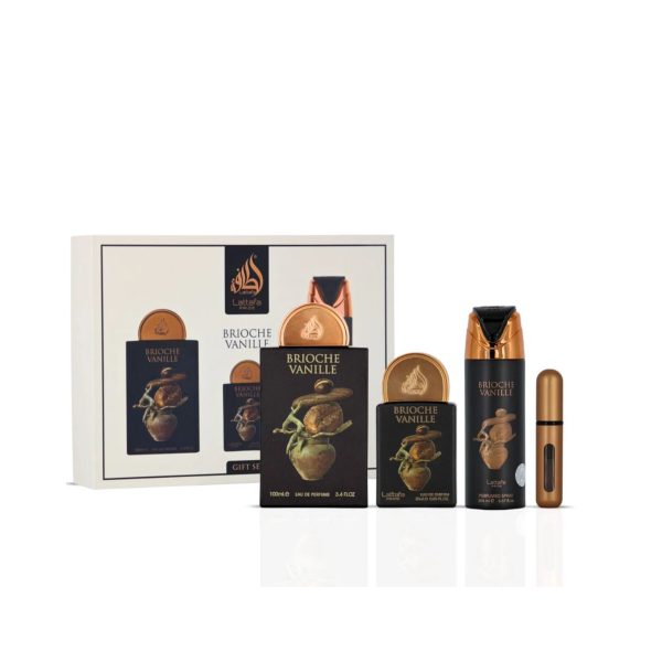 Lattafa pride brioche vanille full gift set with box shown & the 4 items- 100ml edp, 20ml travel edp, 200ml body spray & refillable bottle