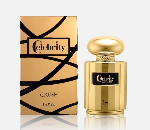 Front view of fragrance notes: 'La Fede Celebrity Crush 100ml EDP by Khadlaj Perfumes' a gold perfume and box