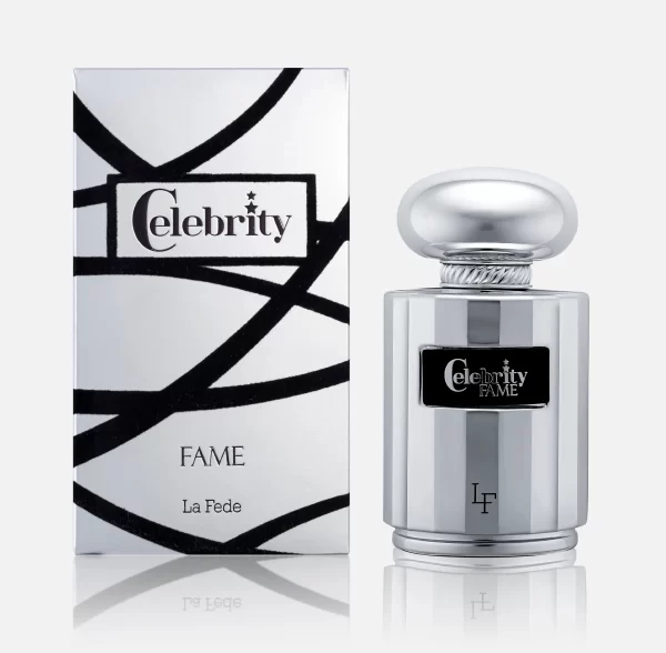 Front view: 'La Fede Celebrity Fame 100ml Cirtus EDP by Khadlaj Perfumes' Silver box and perfume for unisex