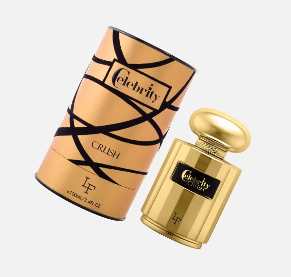 Top-down view of fragrance notes: 'La Fede Celebrity Crush 100ml EDP by Khadlaj Perfumes' a gold perfume and box