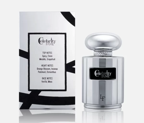 Front and back view of: 'La Fede Celebrity Fame 100ml Cirtus EDP by Khadlaj Perfumes' Silver box and perfume for unisex