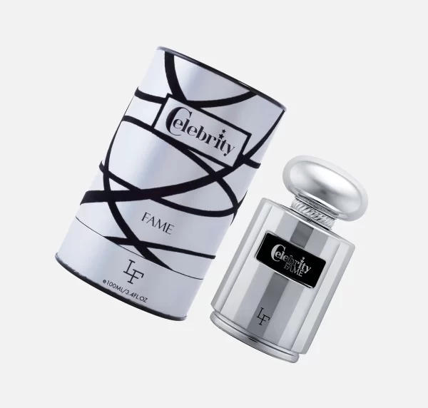 Top-down view of: 'La Fede Celebrity Fame 100ml Cirtus EDP by Khadlaj Perfumes' silver box and perfume