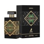 3 quarter side view of: 'Infini Oud Joyous 100ml EDP Maison Alhambra For Men & Women' Black perfume and box with gold and green patterns on them
