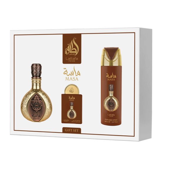 image of Lattafa Pride Masa gift set box with the 100ml edp, 20ml travel edp & 200ml body spray
