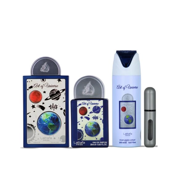 image of the 3 bottles- 100ml art of universe edp, 20ml travel edp & 200ml perfumed spray with a refillable bottle