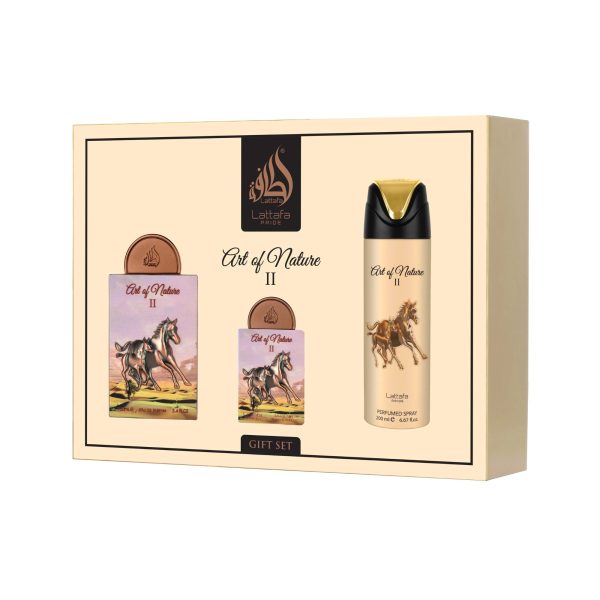 This is a cream coloured gift set box of 3 items from lattafa pride art of nature II with a 100ml edp on left, 20ml travel edp, 200ml perfumed spray on right