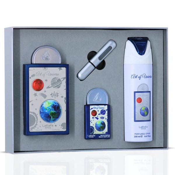 Lattafa Pride Art of universe gift set box opened with 4 items - 100ml edp, 20ml edp, 200ml spray & refillable bottle pictured