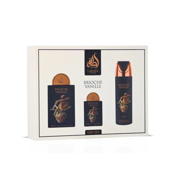 image of Lattafa Pride Brioche Vanille Gift set with the 100ml edp, 20ml edp & 200ml body spray coloured