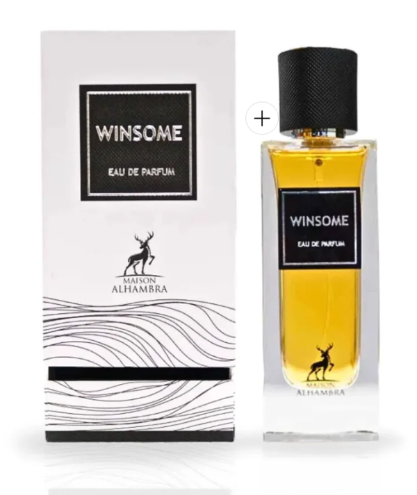Front view of 'Winsome/The Tux Maison Maison Alhambra' gold perfume plus white and black box