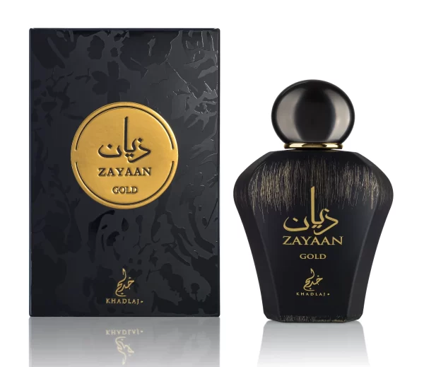Front view of Zayaan Gold EDP by Khadlaj Perfumes. Black and Gold long lasting perfume for men (Box and Perfume)