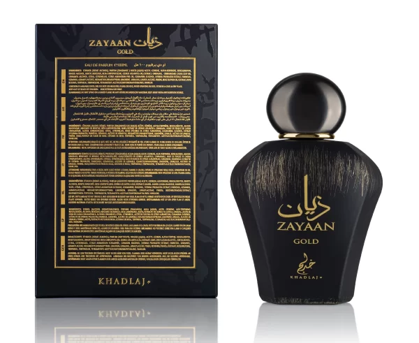 Back and Front view of Zayaan Gold EDP by Khadlaj Perfumes. Black and Gold long lasting perfume for men (Box and Perfume)