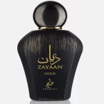 Front view of Zayaan Gold EDP by Khadlaj Perfumes. Black and Gold long lasting perfume for men