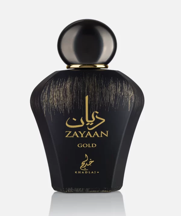 Front view of Zayaan Gold EDP by Khadlaj Perfumes. Black and Gold long lasting perfume for men