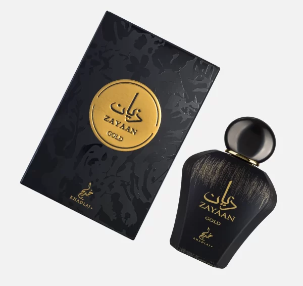Top-down view of: 'Zayaan Gold EDP by Khadlaj Perfumes. Black and Gold long lasting perfume for men and box