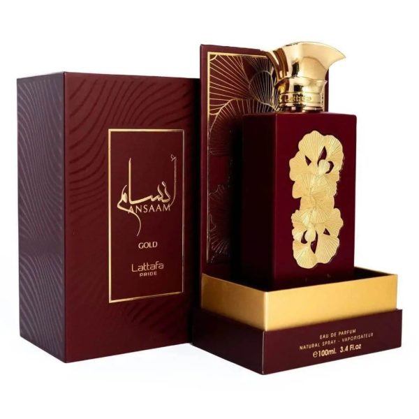 Lattafa Pride ansaam gold 100ml with bottle besides the box