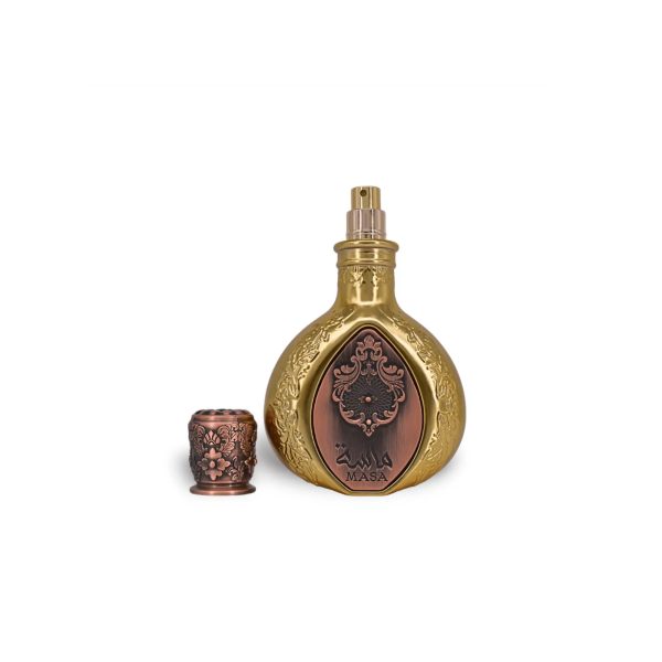image of lattafa pride masa 100ml edp with brown textured lid opened with the gold and brown bottle