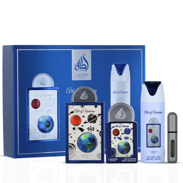 Image shows lattafa pride art of universe box backdrop & gift set 100ml edp, 20ml travel edp, 200ml body spray & refillable bottle