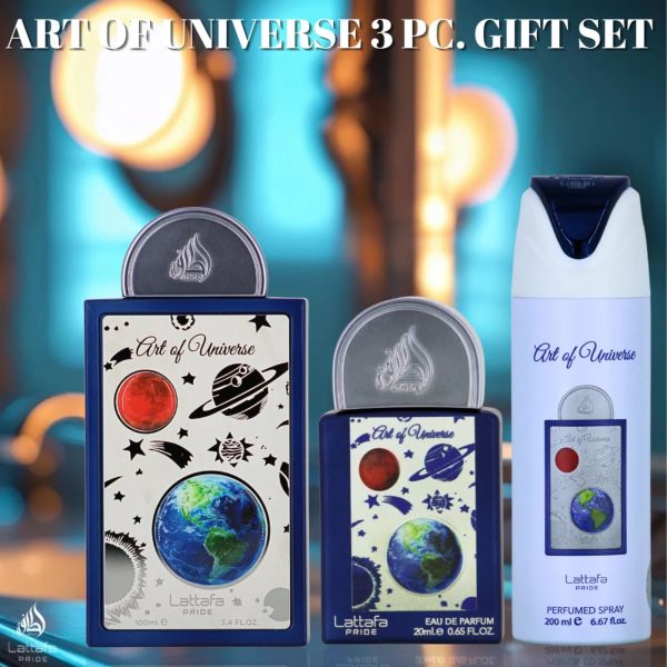 Image shows lattafa pride art of universe graphic of gift set with 100ml edp, 20ml travel edp & 200ml body spray