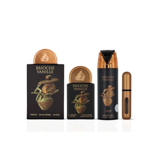 Image of the full lattafa pride brioche vanille fit set with the two eau de parfums, 100ml & 20ml + 200ml body spray and refillable bottle