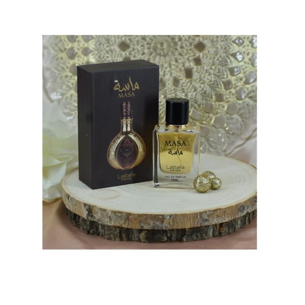 image of lattafa pride masa 20ml travel edp bottle and box in black with the gold coloured perfume/masa main bottle
