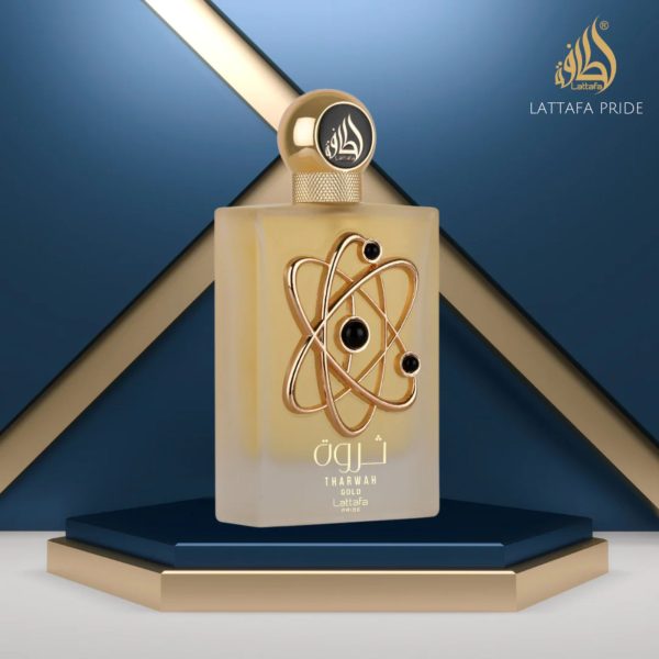 Lattafa pride tharwah gold 100ml edp bottle in the middle of pedestal like graphic (blue and gold)