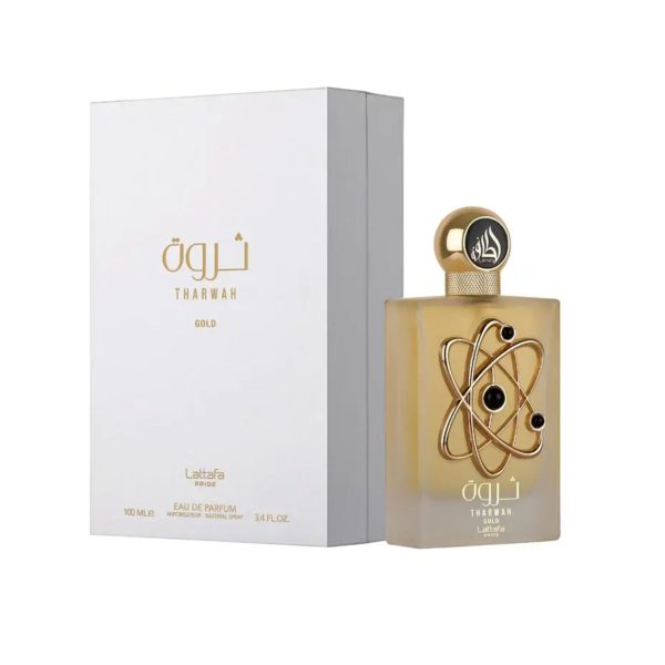 Lattafa pride tharwah gold 100ml edp with perfume box to the left and edp on right stunning gold textured bottle