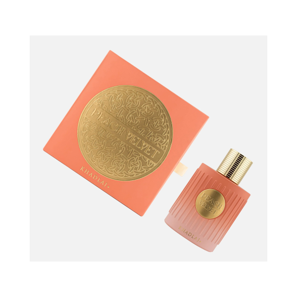 Khadlaj Perfumes Peach Velvet & Box from top-down view