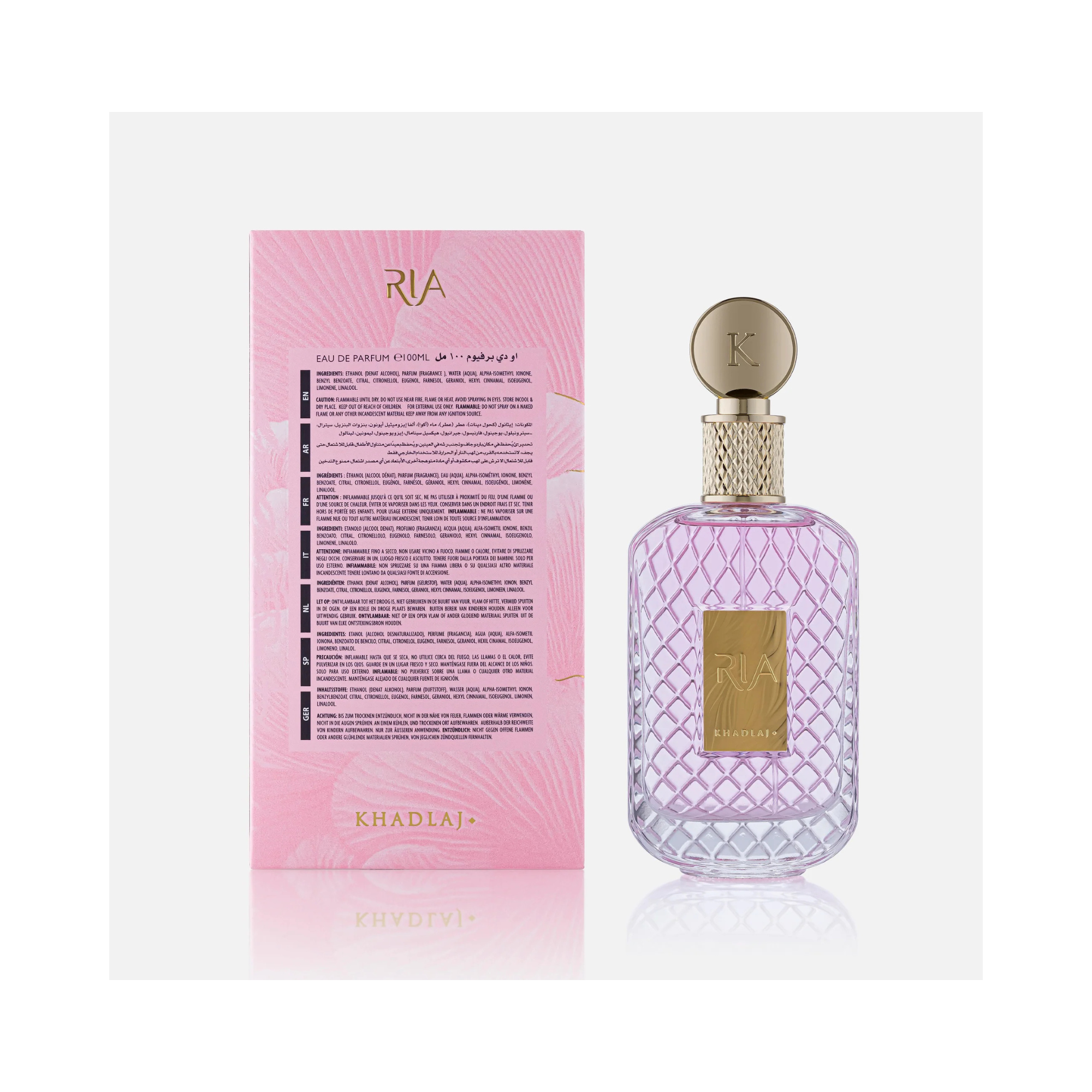 Khadlaj RIA Perfume For Women (Back of Box & Perfume) Khadlaj RIA Perfume For Women (Back of Box & Perfume)