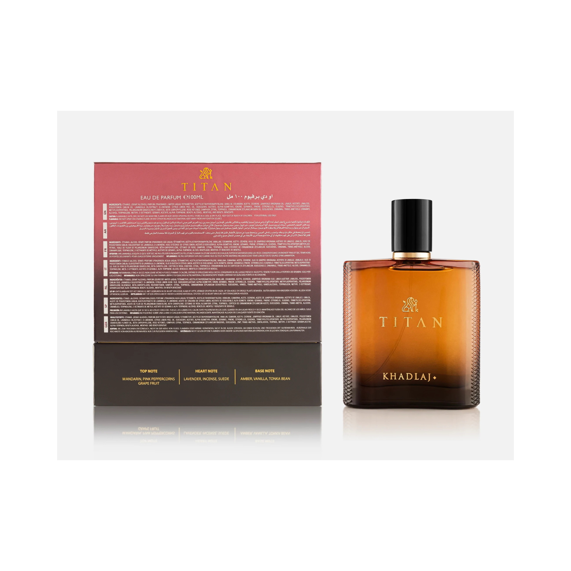 Khadlaj Titan Perfume For Men (Back of Box and Front of Perfume) Khadlaj Titan Perfume For Men (Back of Box and Front of Perfume)
