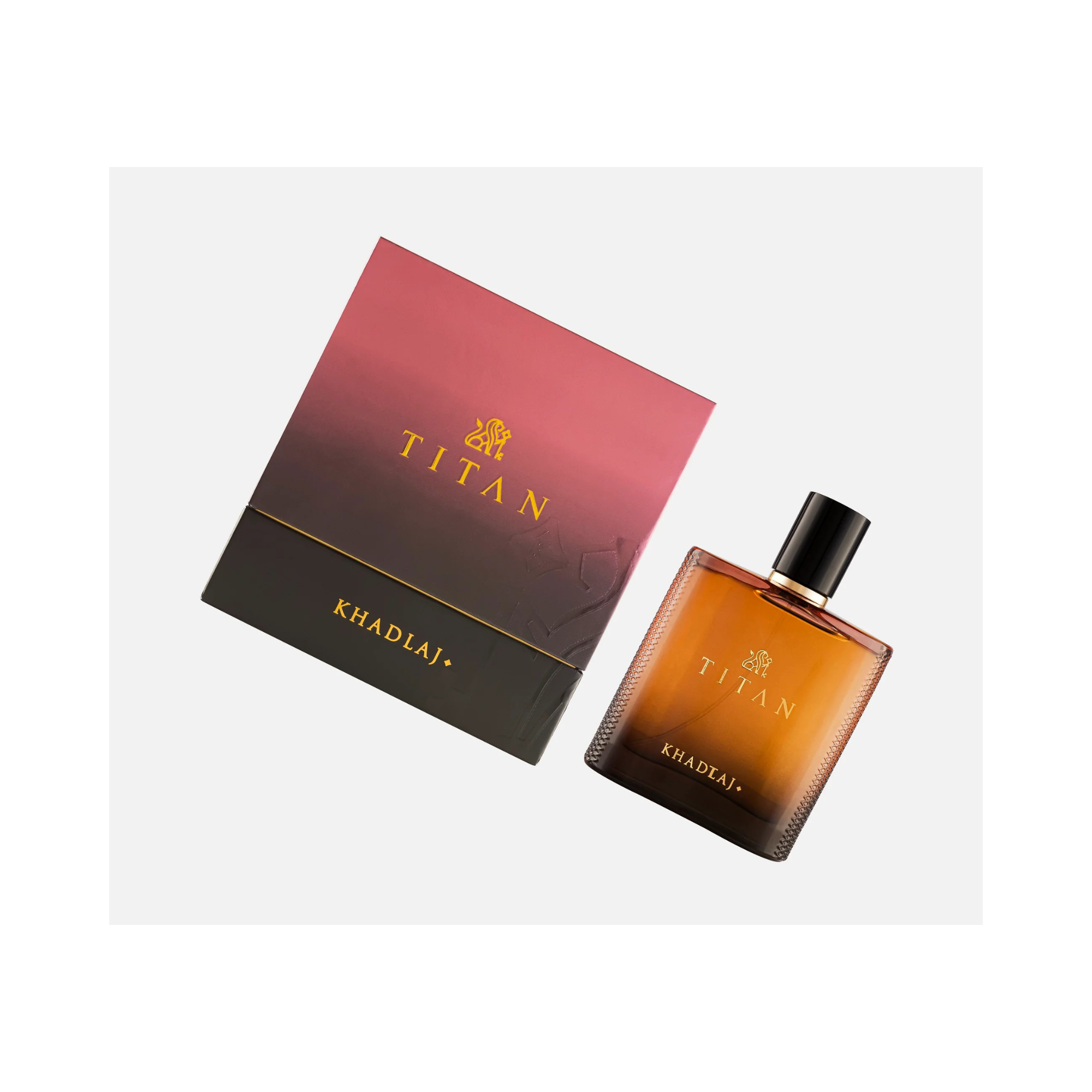 Khadlaj Titan Perfume For Men (Top-down view of Box and Perfume) Khadlaj Titan Perfume For Men (Box and Perfume)
