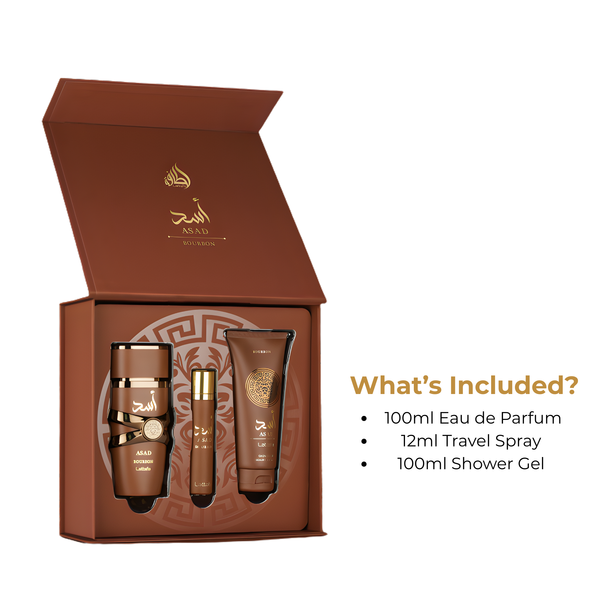 Asad Bourbon Lattafa Fragrance Giftset (What's INcluded)