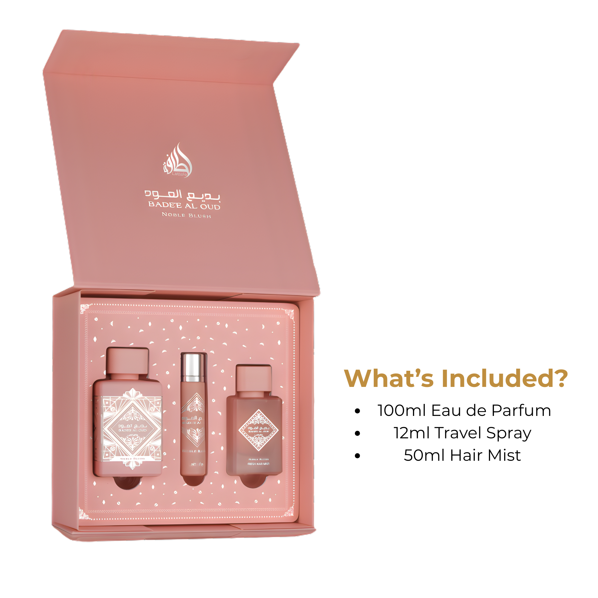 Badee al Oud Noble Blush Lattafa Fragrance Giftset - What's Included Badee al Oud Noble Blush Lattafa Fragrance Giftset - What's Included