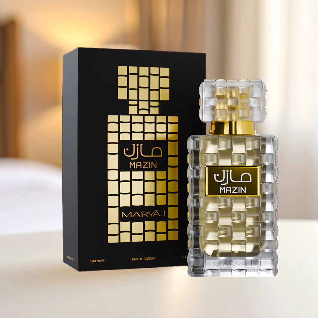 Maryaj Mazin For Unisex (Black, Gold Box & Yellow Perfume On Table) Maryaj Mazin For Unisex (Black, Gold Box & Yellow Perfume On Table)