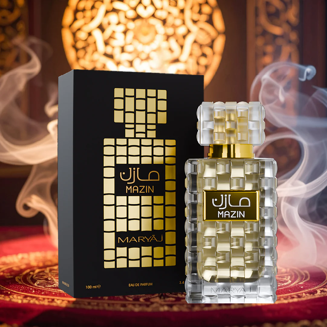 Maryaj Mazin For Unisex (Black, Gold Box & Yellow Perfume in front of smoky background) Maryaj Mazin For Unisex (Black, Gold Box & Yellow Perfume in front of smoky background)